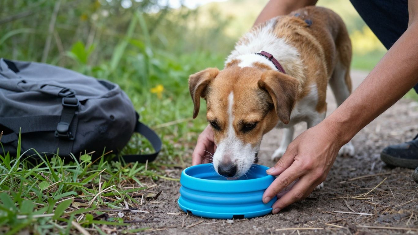 A dog drinking from a travel bowl outdoors