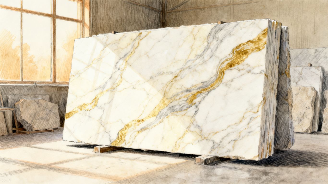 Calacatta Gold marble slab with sweeping veins