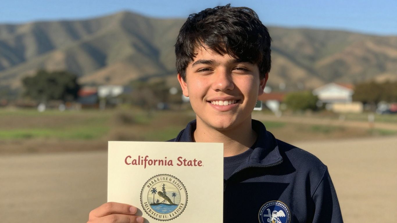 Teenager holding California work permit document.