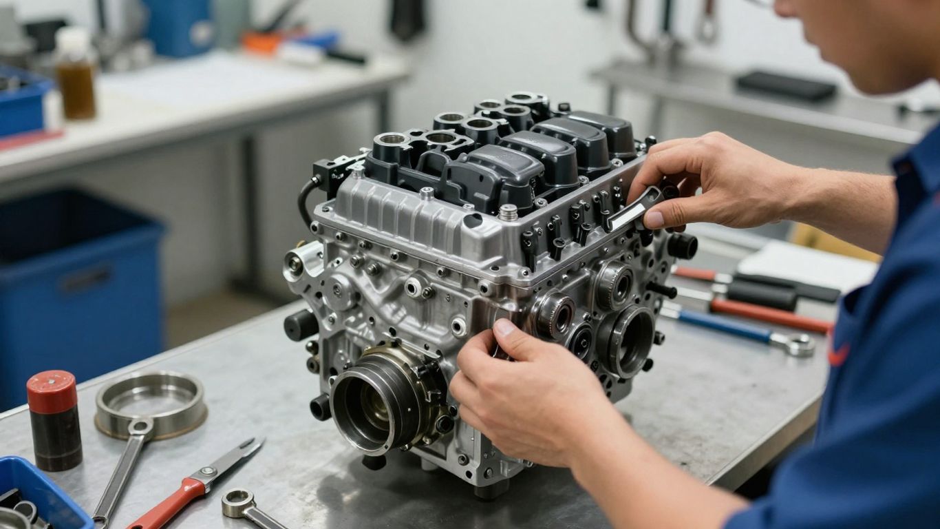 Mechanic inspecting a reconditioned Fiat engine in a workshop.