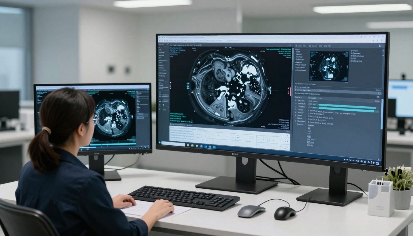 A clean representation of a modern diagnostic radiology office with digital monitors displaying medical imaging data.