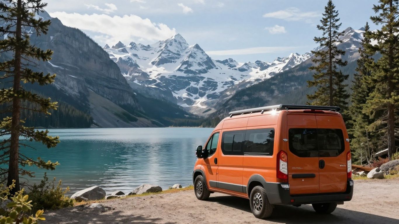 Campervan parked by a lake with mountains.