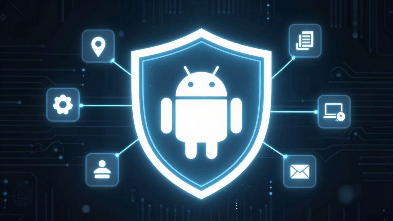 Android robot protected by a digital shield against cyber threats.