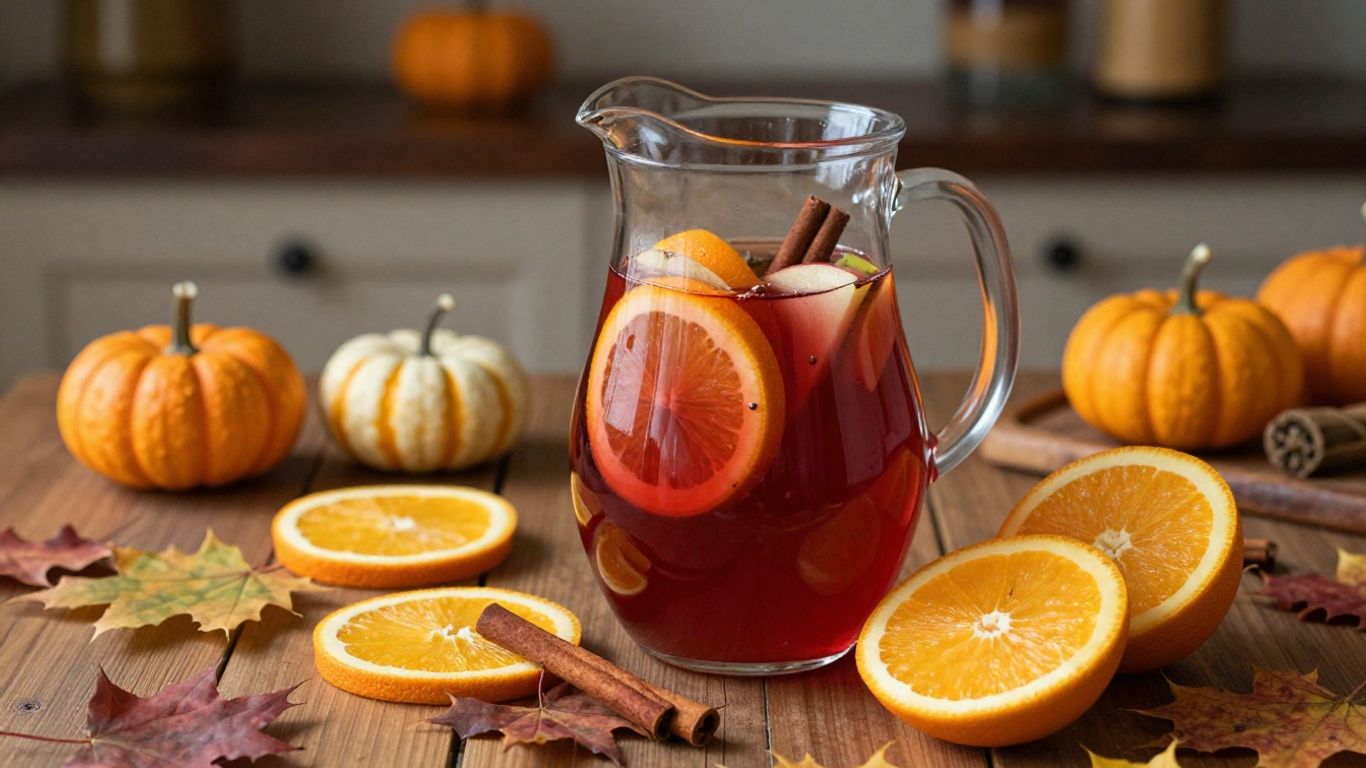 Red wine sangria with autumn fruits on rustic table