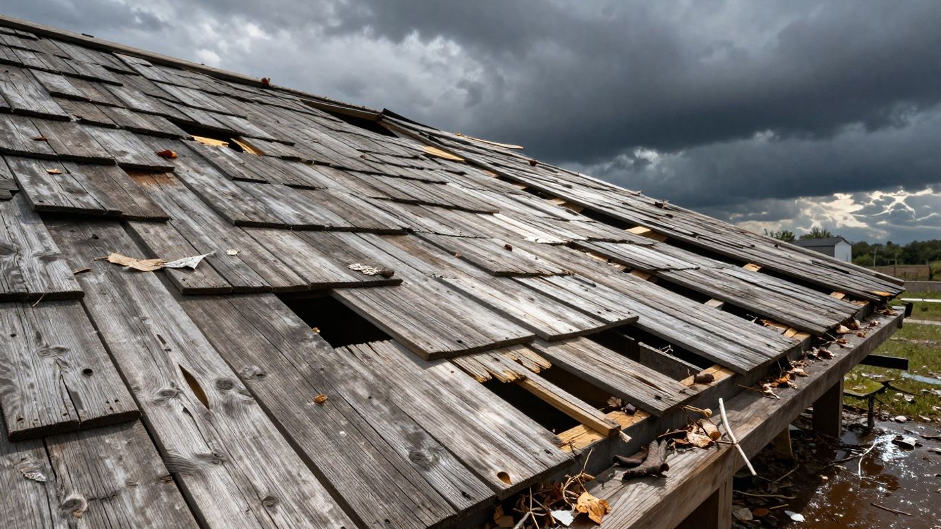 Damaged roof after a spring storm ready for repairs