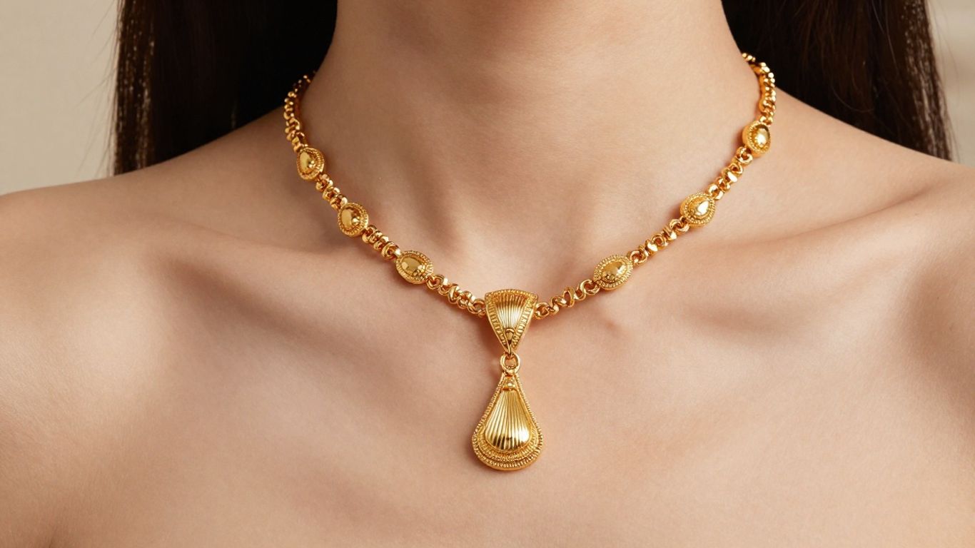 Gold statement necklace on a woman's neck.