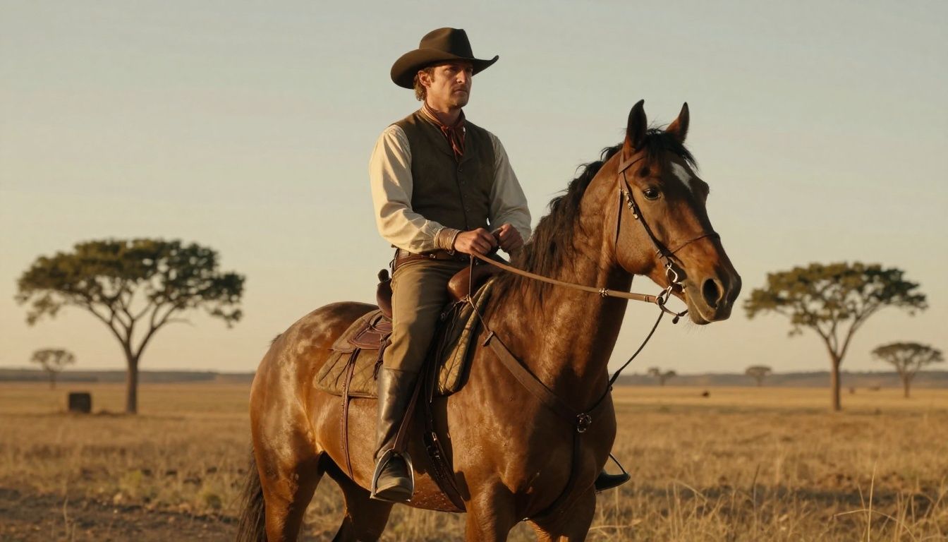 Arthur Morgan montando a cavalo através das planícies do Velho Oeste sob um céu dramático de pôr do sol