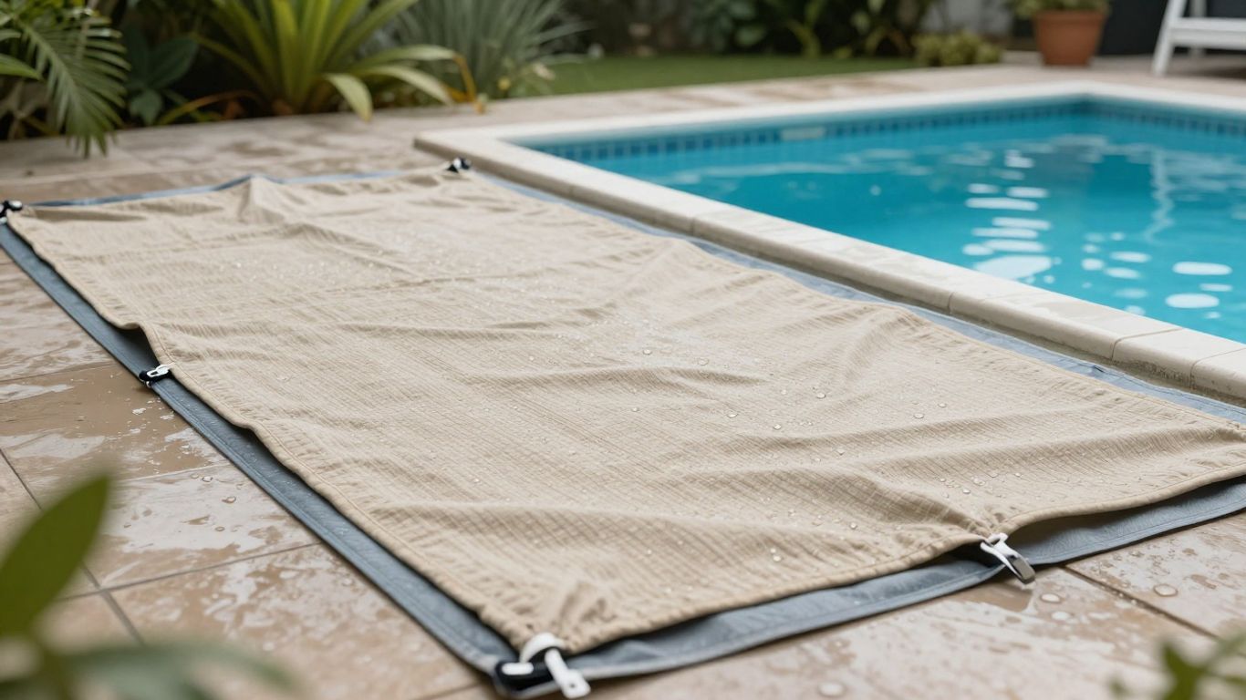 Rinsed pool float drying in a shaded outdoor area