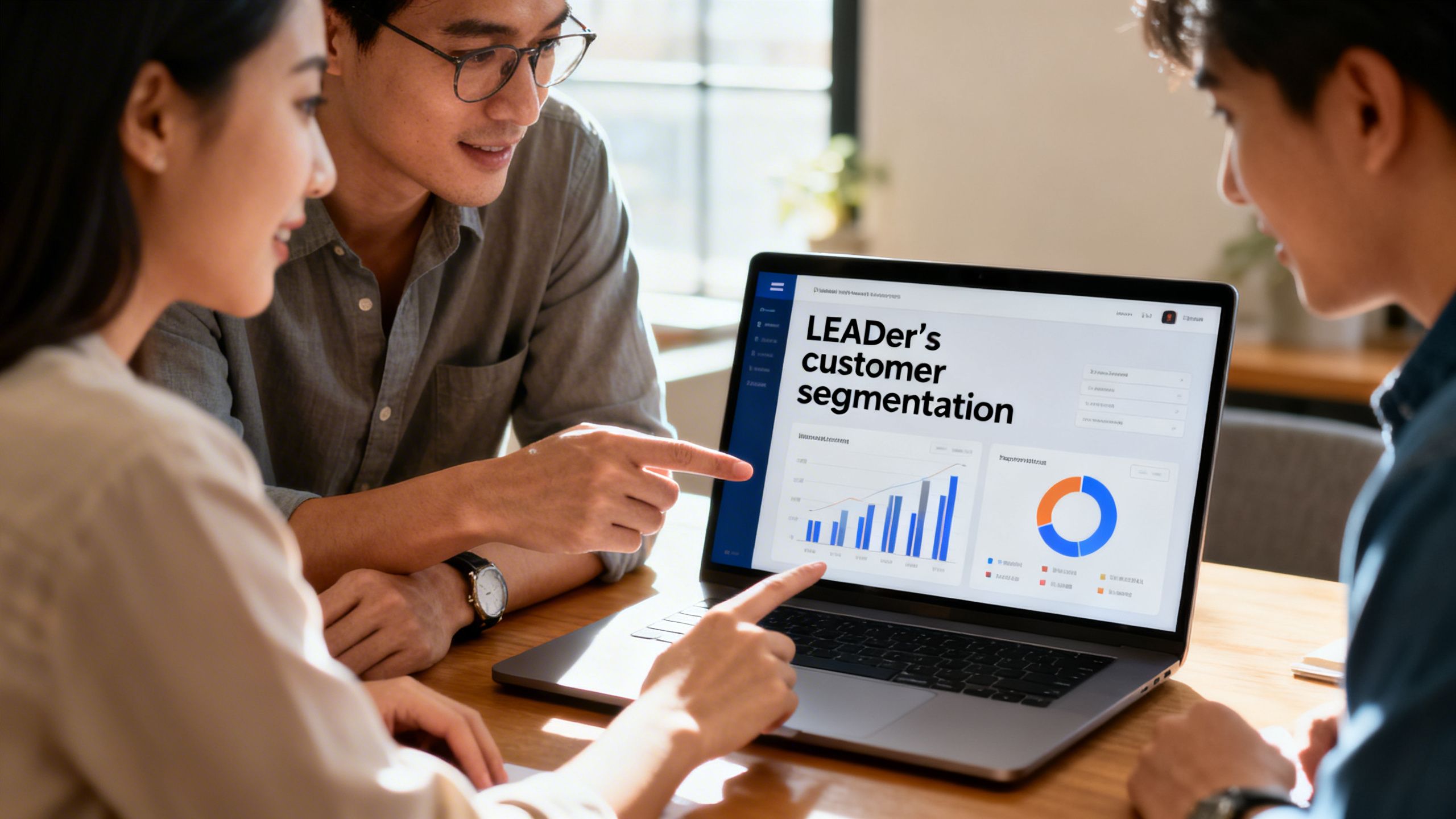 Un equipo de pequeña empresa colaborando alrededor de un portátil que muestra la función de segmentación de clientes de LEADer.