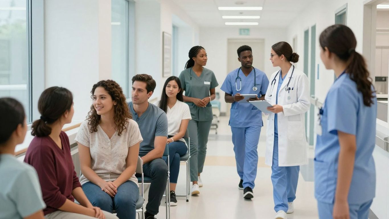 Diverse patients and staff in a modern clinic hallway.