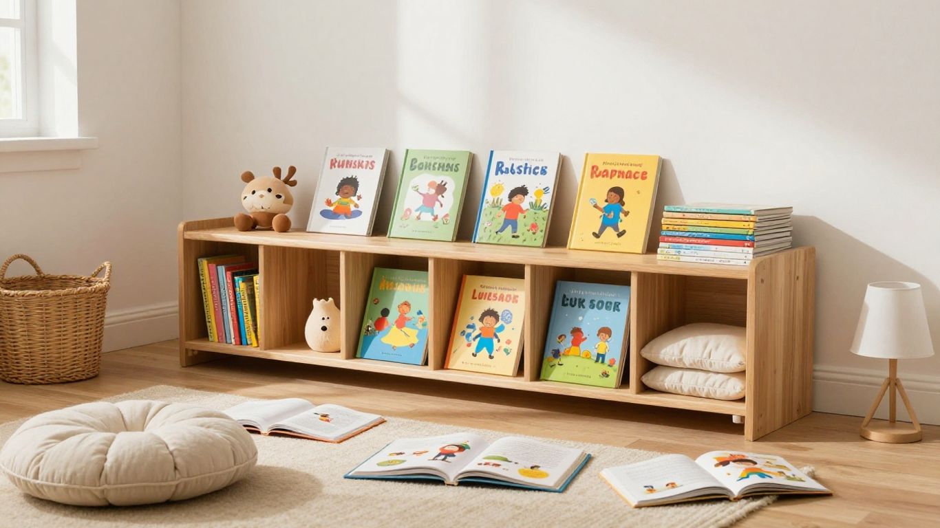 Colorful children’s books arranged on a reading nook shelf