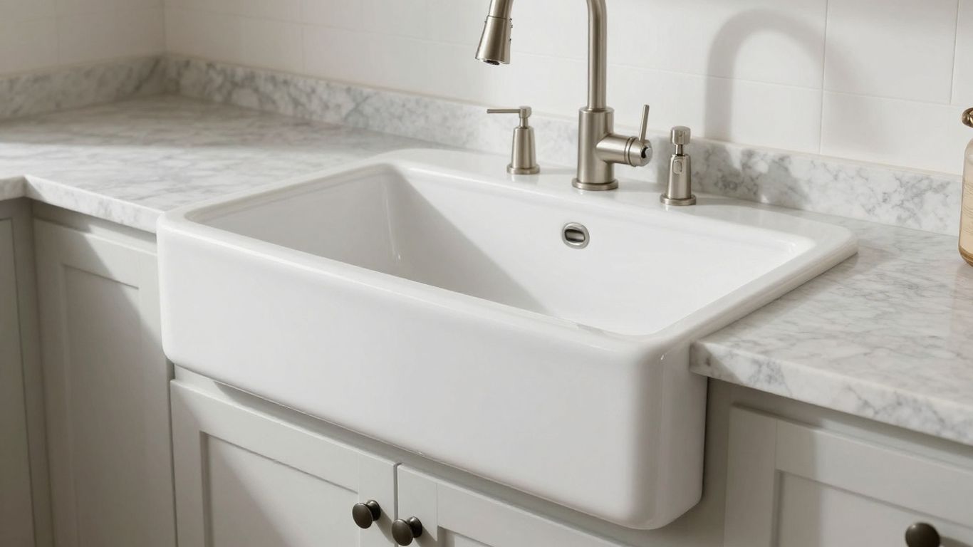 Farmhouse sink in a bright, modern kitchen setting.