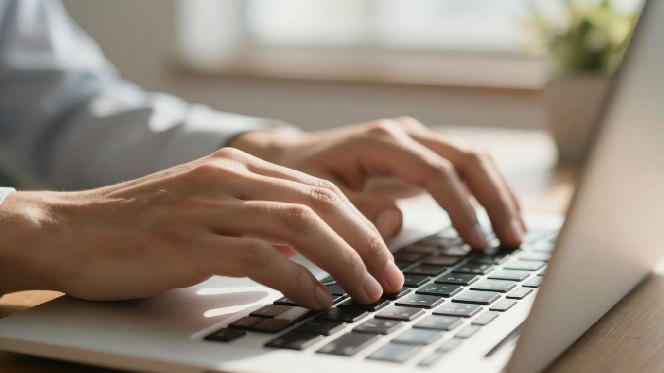 Hands typing on a laptop keyboard.