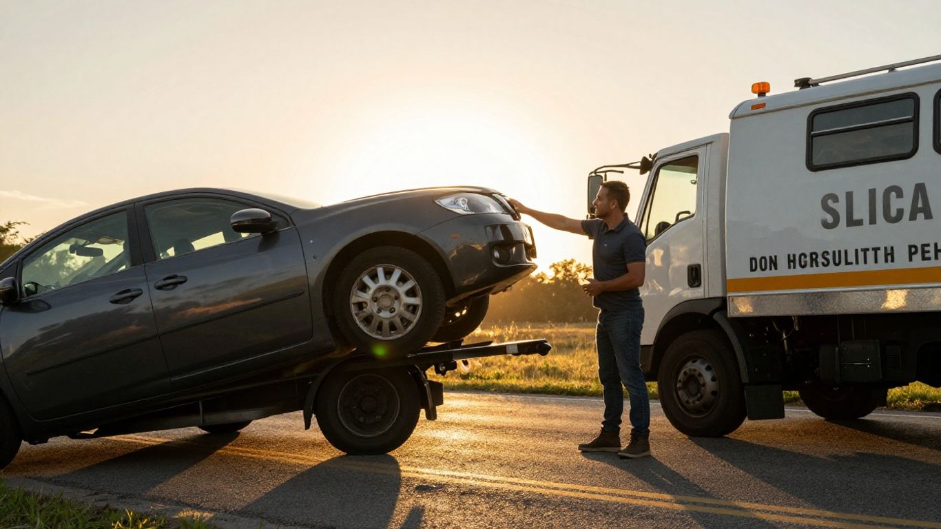 Car being towed on a roadside at sunset.