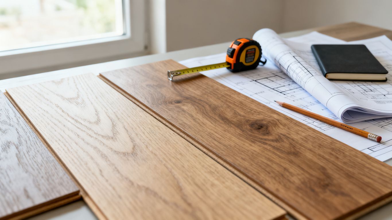 Flooring samples and plans arranged for a renovation