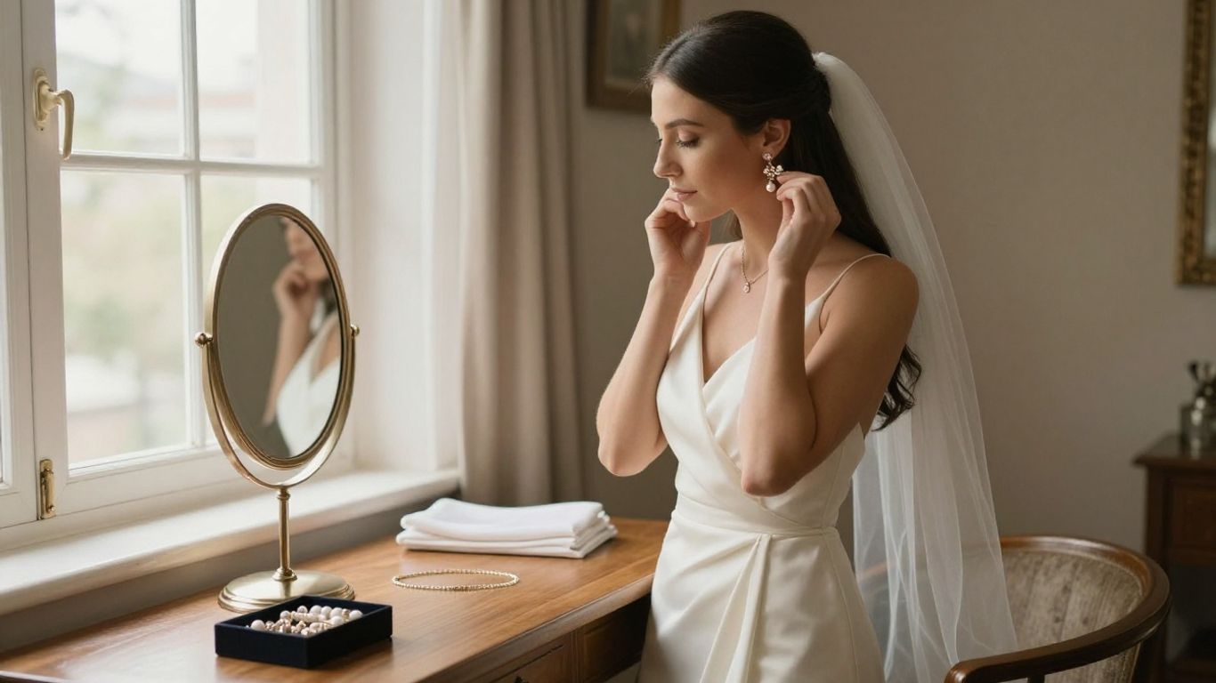 Bride considering jewellery beside her wedding outfit