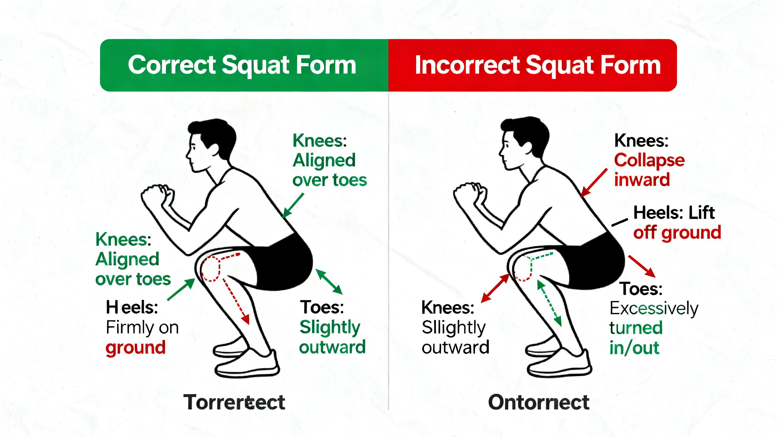 A diagram showing the correct and incorrect squat form, highlighting the position of the knees, heels, and toes.