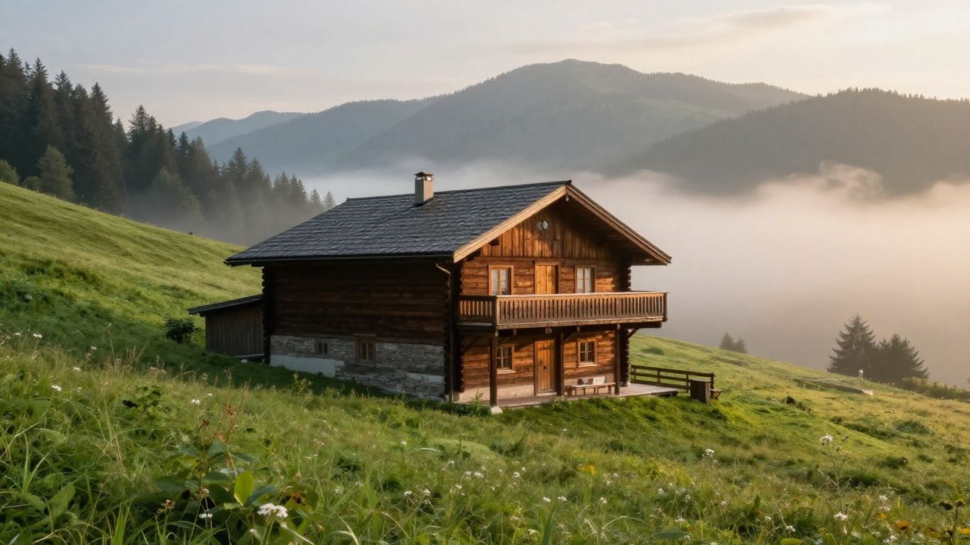 A cozy mountain cabin with a view of valleys
