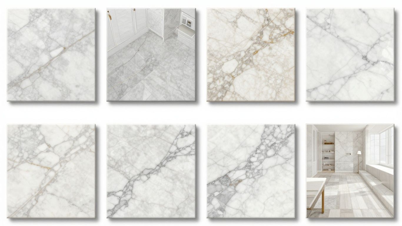 Marble tile sizes and patterns in room layouts sketch.