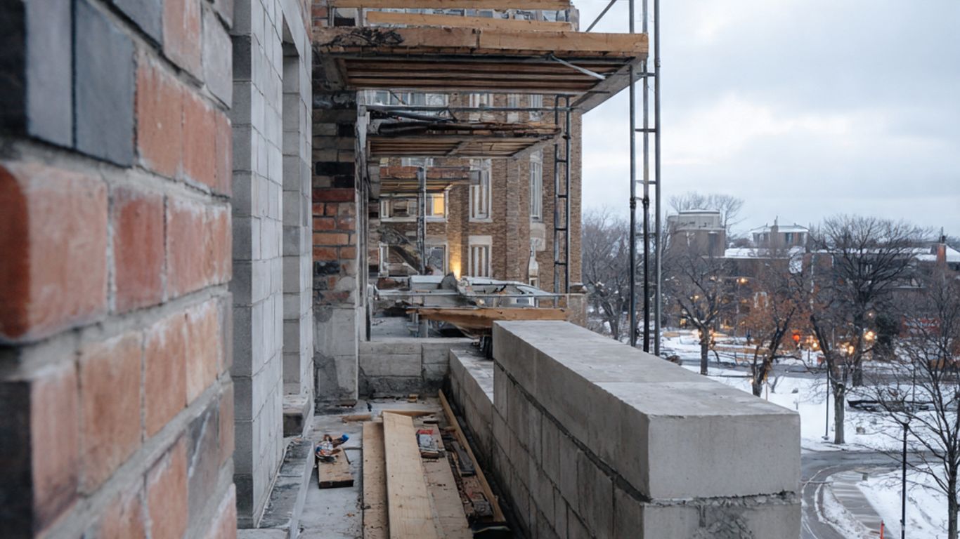 Construction site with scaffolding and brick building in winter.