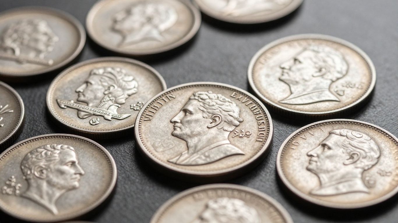 Three cent silver coins scattered on a surface.