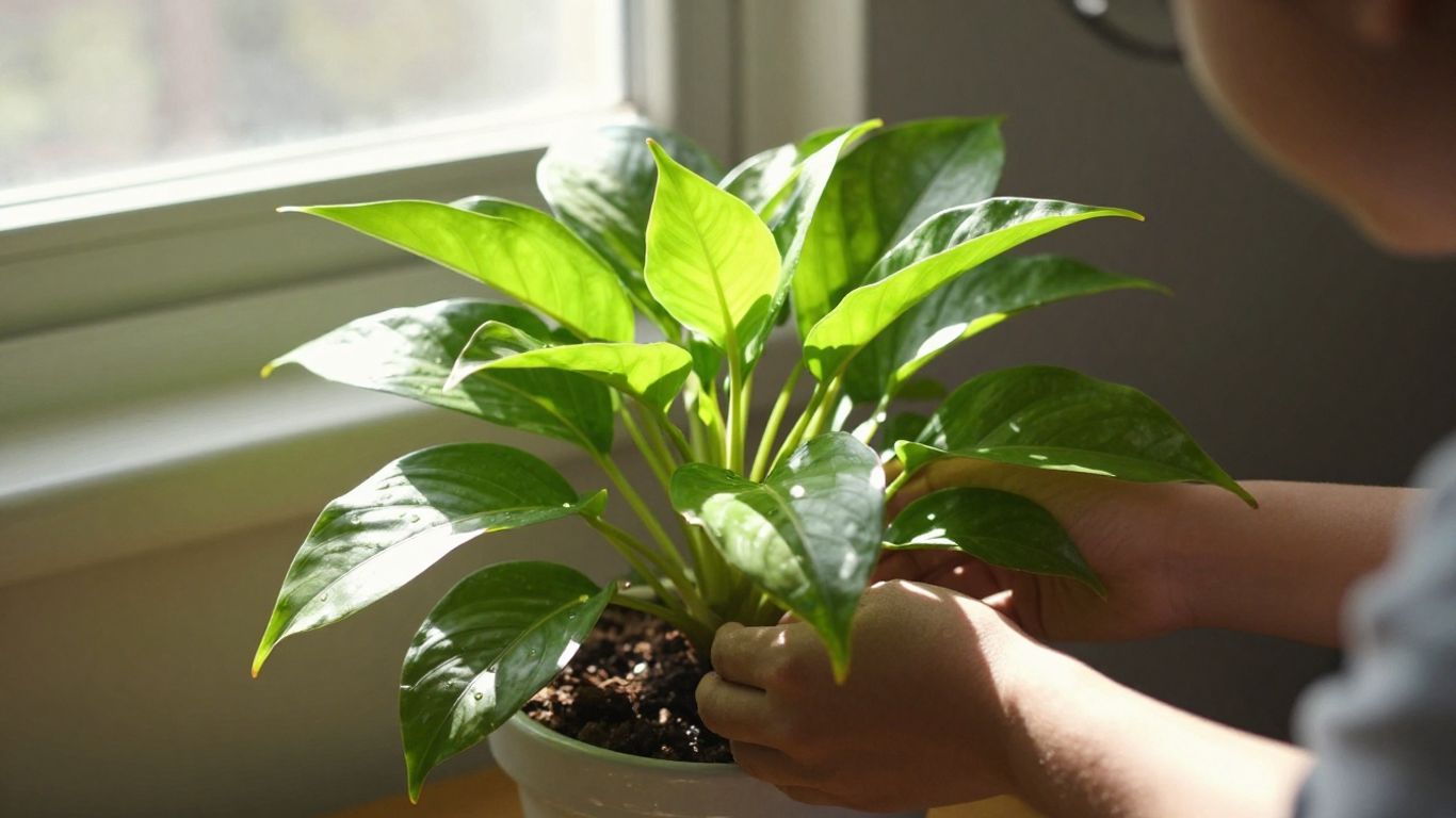 Person tending to a vibrant, glowing plant in sunlight.