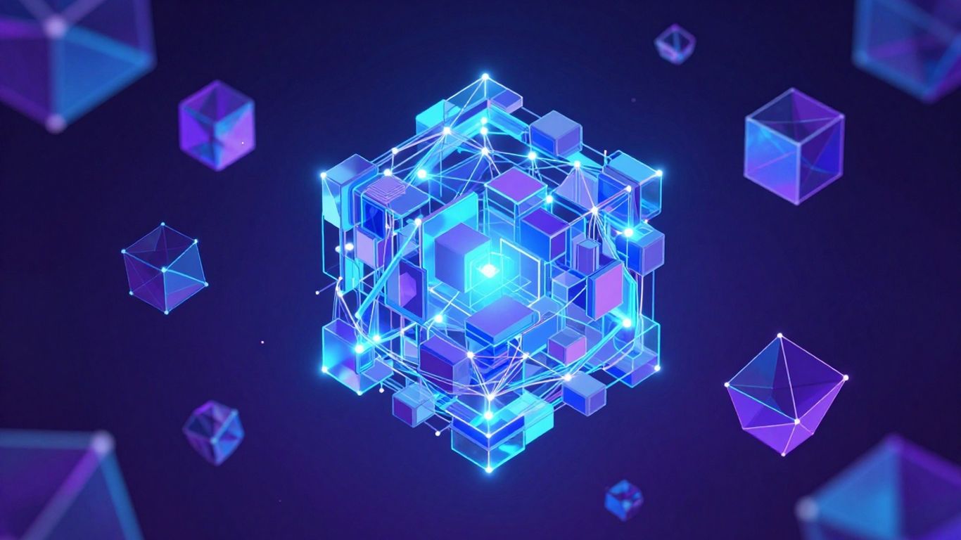 Interconnected digital blocks forming a futuristic network.