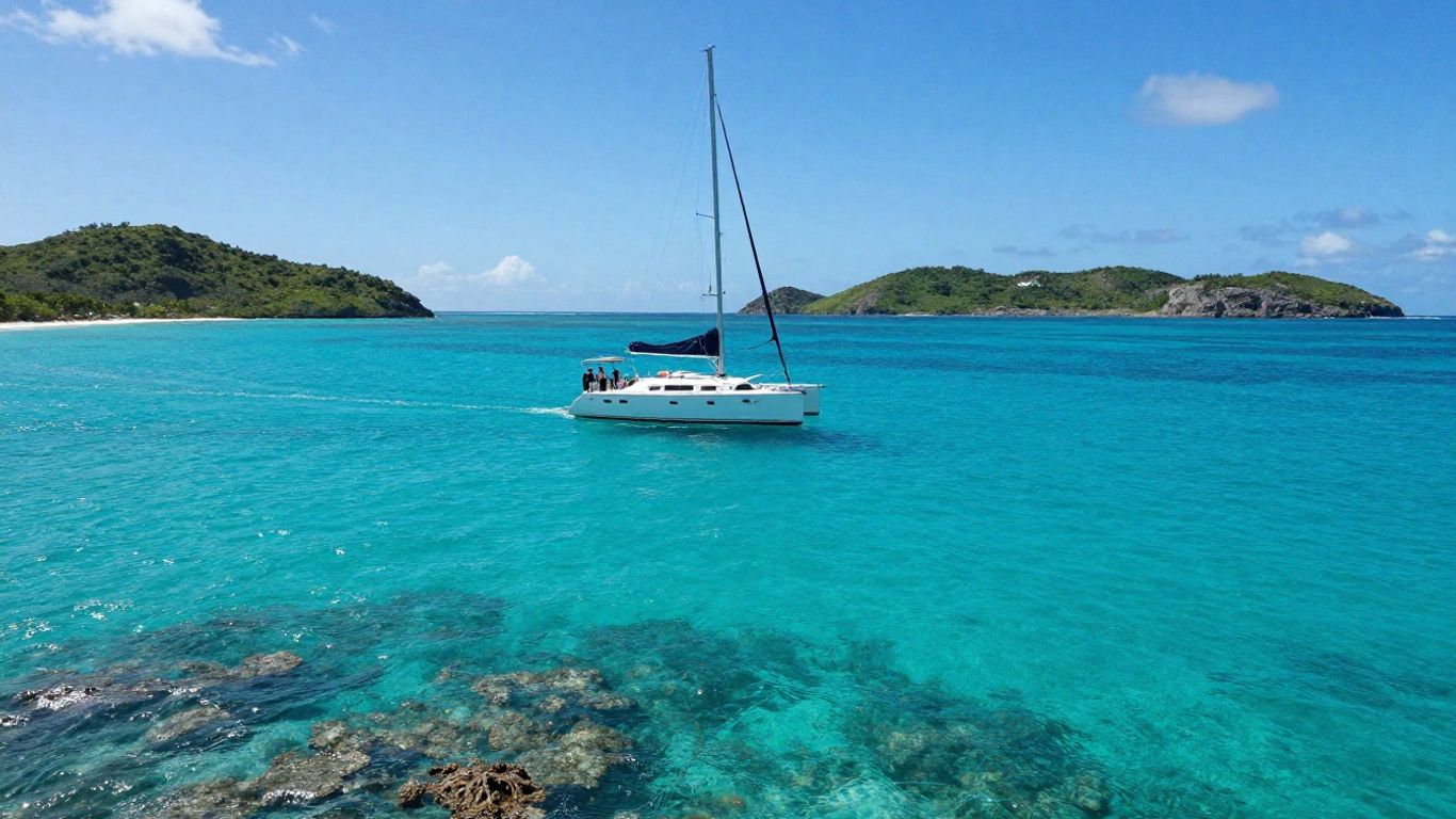 Sailboat on turquoise water near Belize islands.