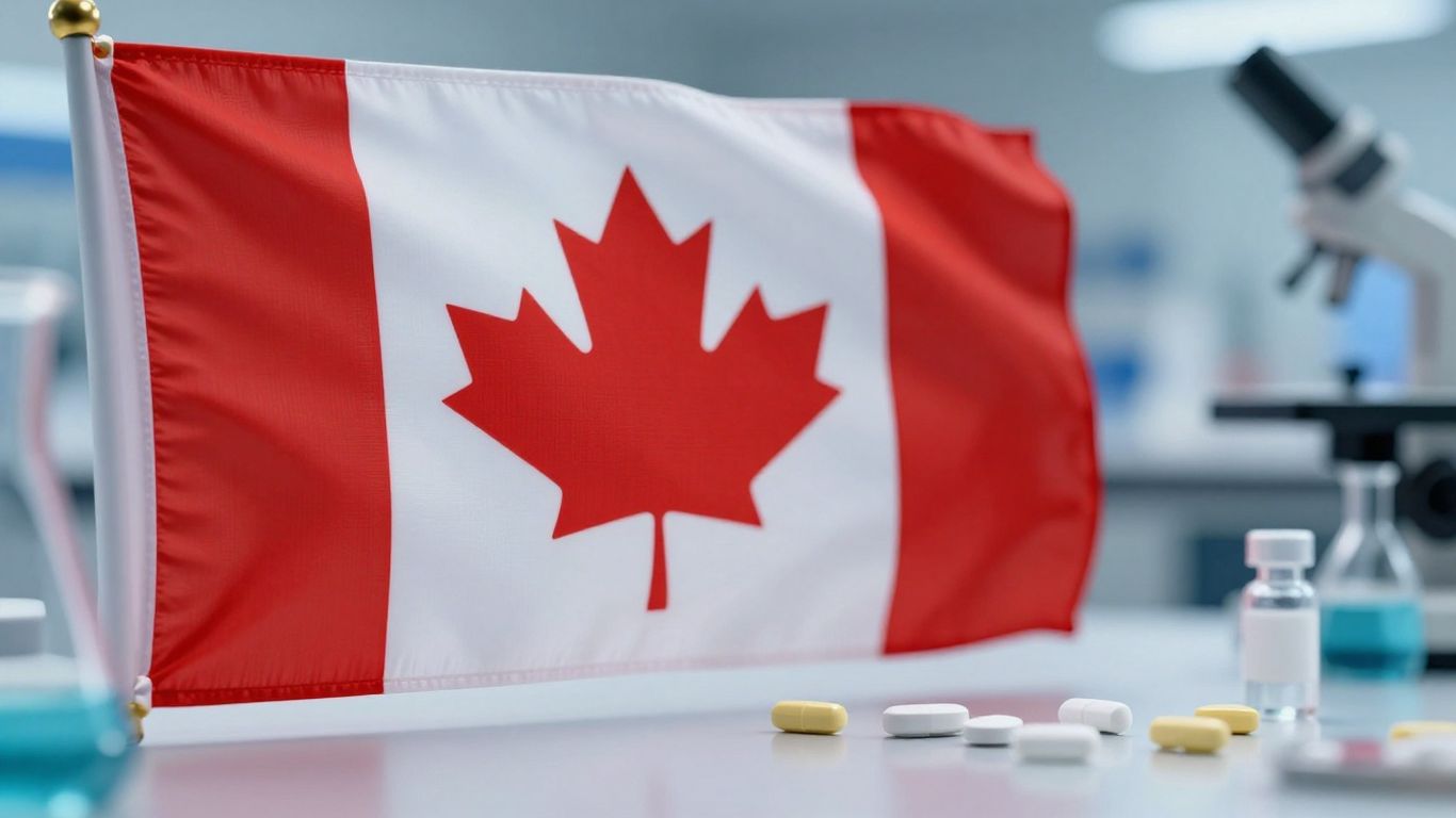 Canadian flag and blurred lab equipment with glowing pills.