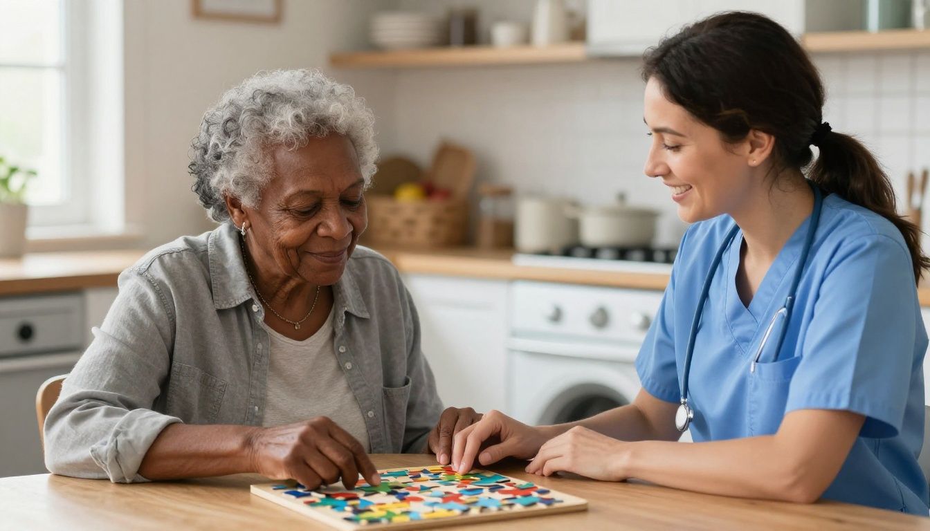 A compassionate female caregiver in her 40s with a warm smile helps an elderly Black woman in her 70s with a puzzle at a sunlit kitchen table.