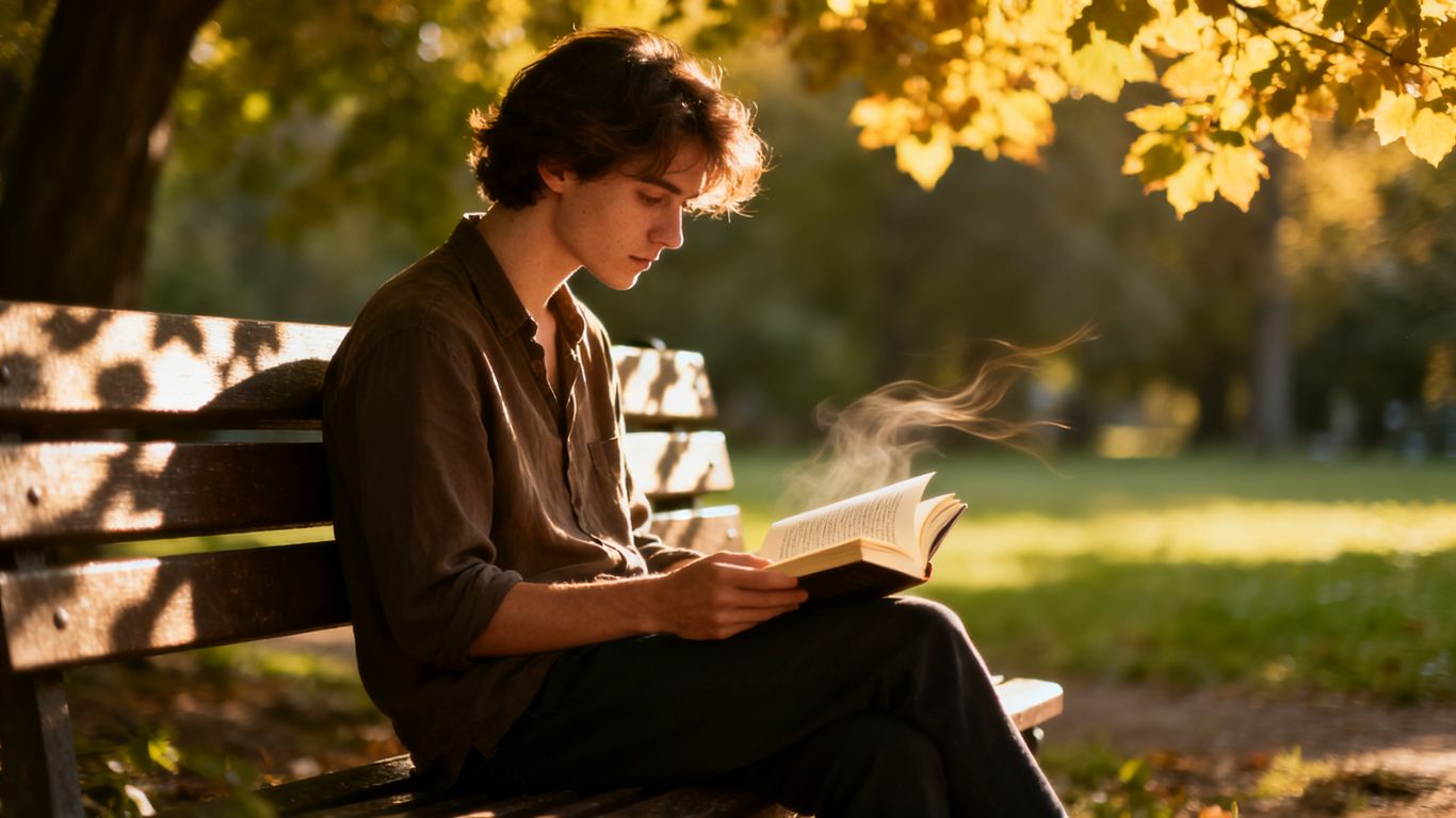 Person reading a book on a park bench.