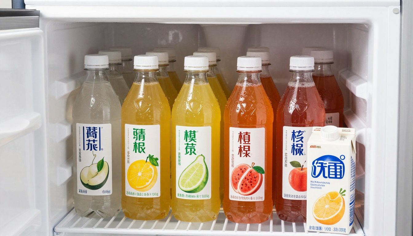 The inside of a commercial cooler door stocked only with bottles of water and cartons of juice, not beer or soda.