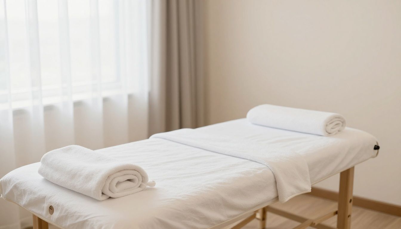 A serene and clean massage therapy room with soft lighting and a comfortable massage table