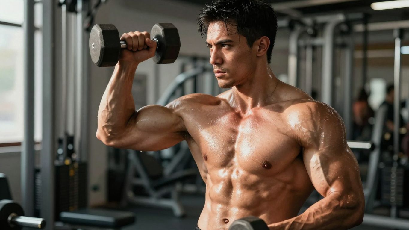 Muscular man flexing in a gym with dumbbells.