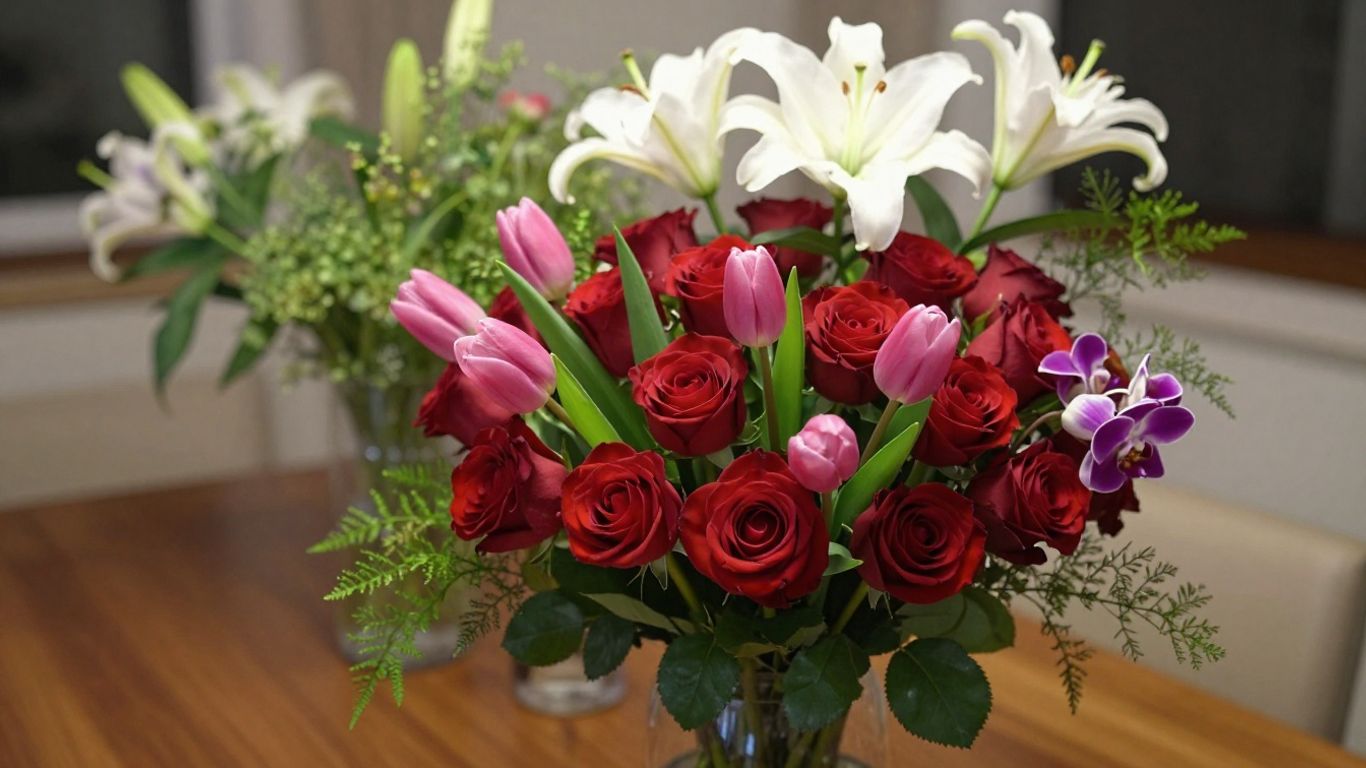 A romantic bouquet of varied Valentine flowers
