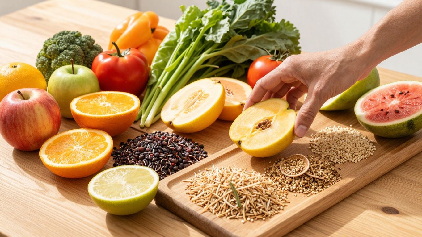 Colorful plate of fruits, vegetables, proteins, and grains.