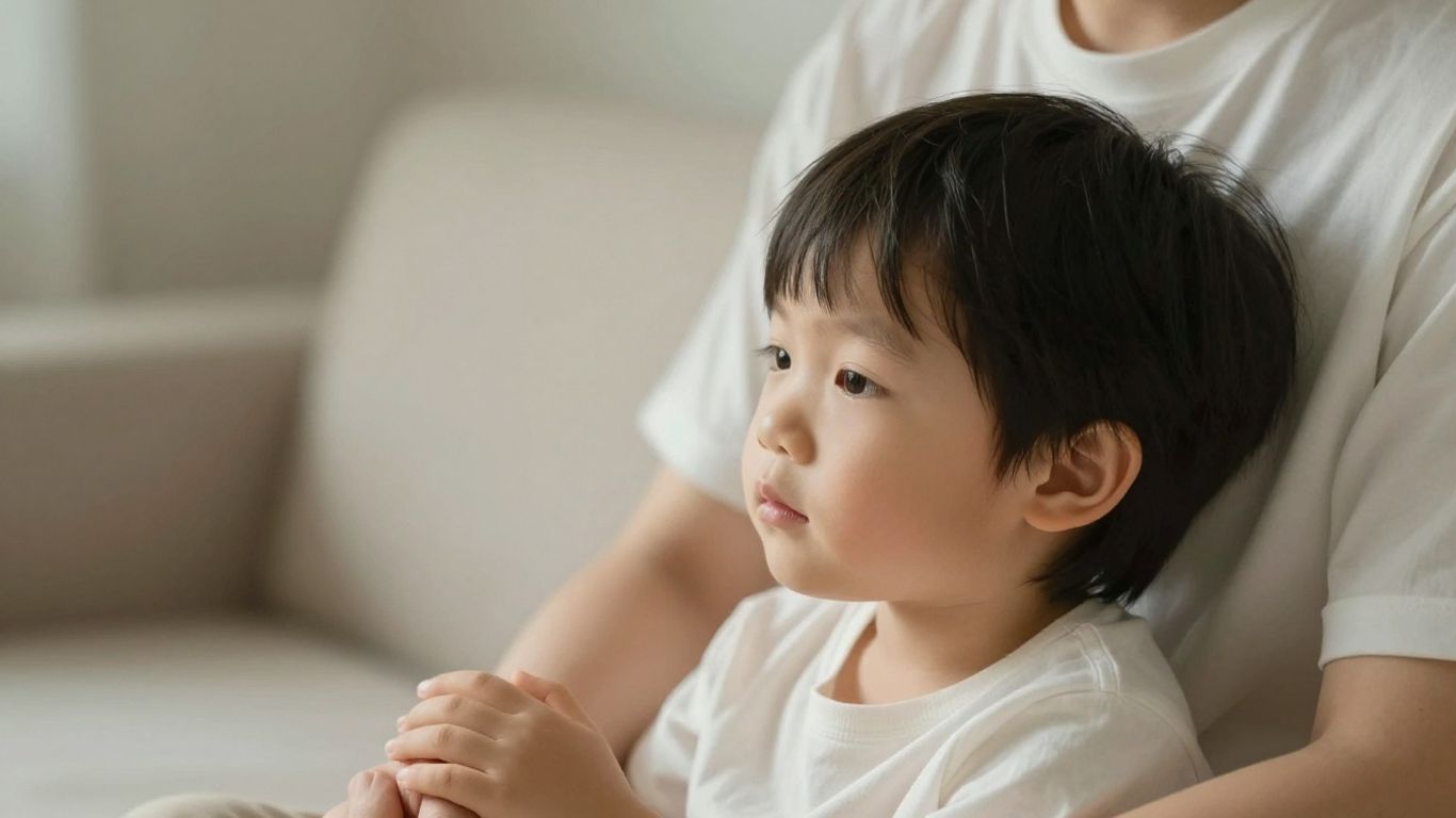 Parent and child in a calm, peaceful embrace.