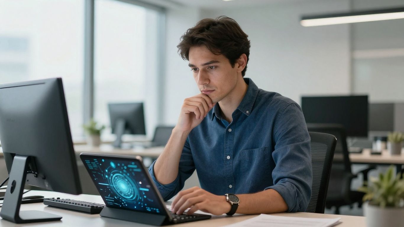 Mann im Büro mit Tablet und digitalen Mustern