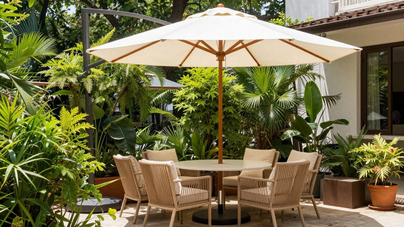 Patio umbrella providing shade over outdoor seating.
