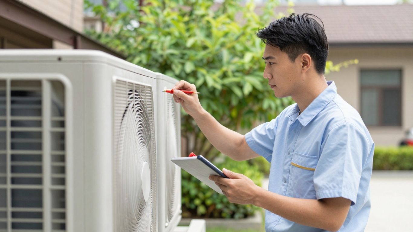 AC technician working on a home air conditioning unit.