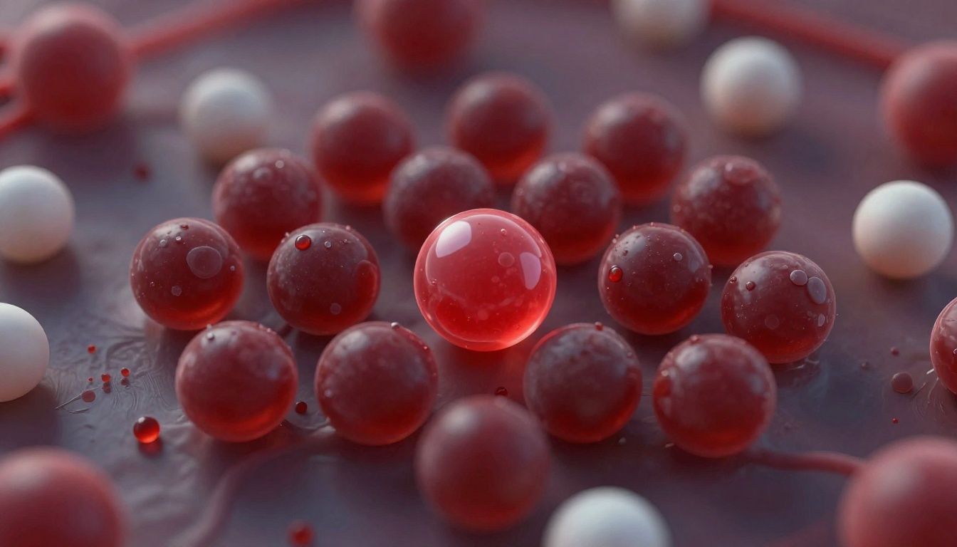 Imagem ilustrativa do sangue em circulação, com glóbulos vermelhos, glóbulos brancos e plaquetas representados em detalhe
