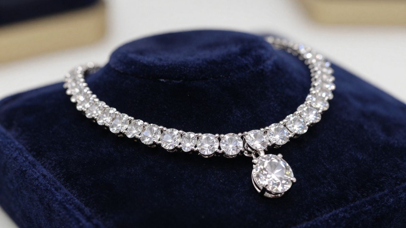 Elegant diamond necklace on a velvet jewelry box.