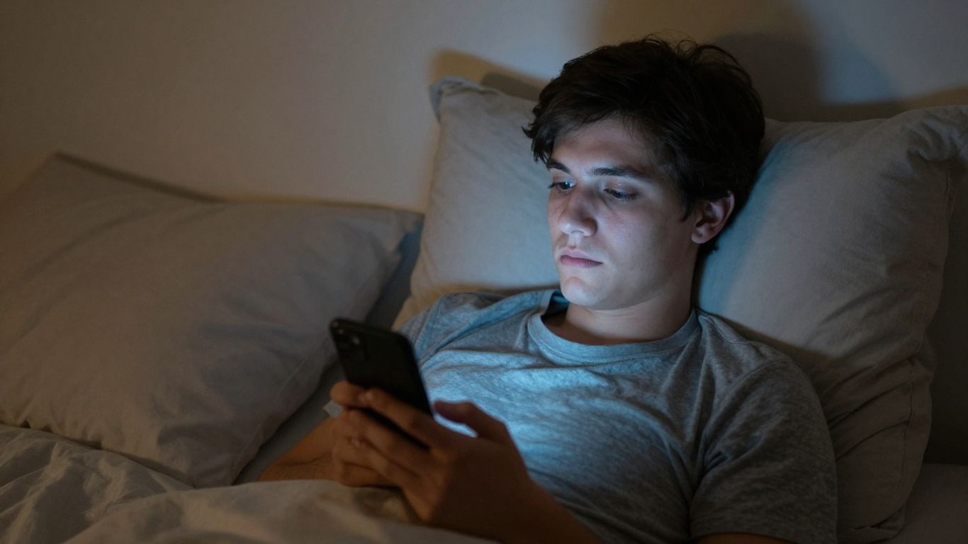 A person resting beside a glowing smartphone