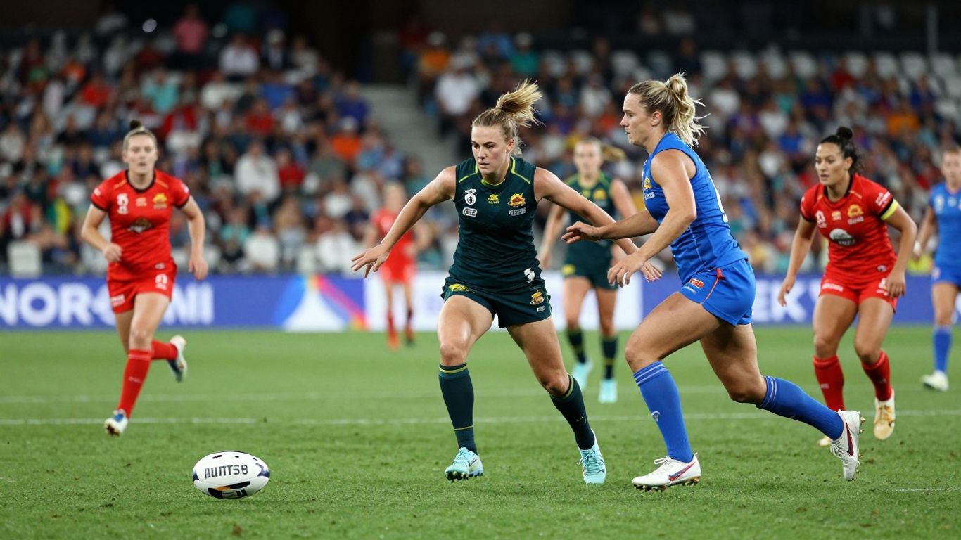 Australian Women's Team playing soccer on field.