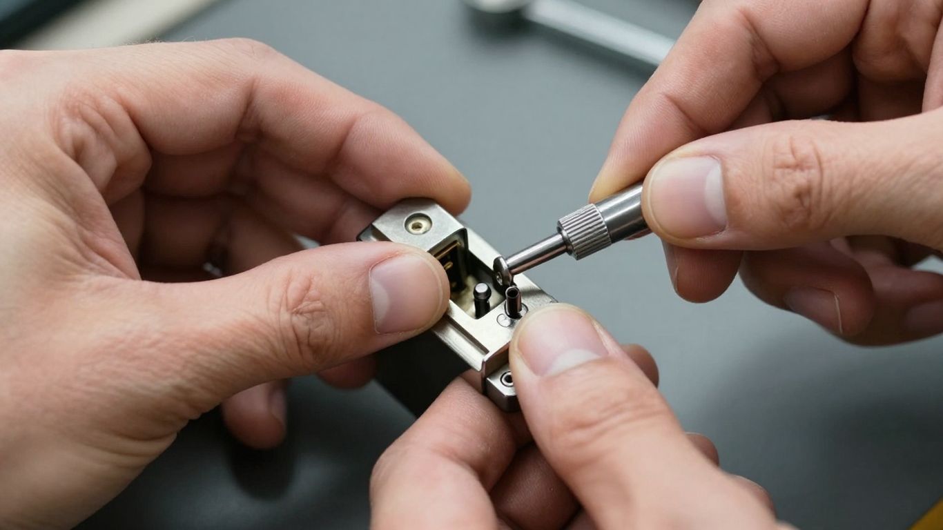 Locksmith rekeying a lock with tools.