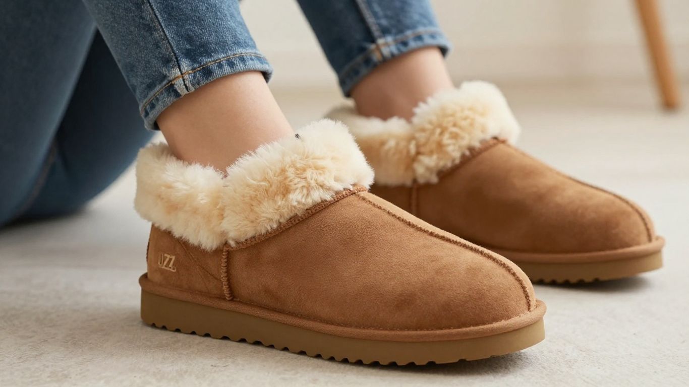 UGG Tazz Chestnut cu ținute casual și accesorii.