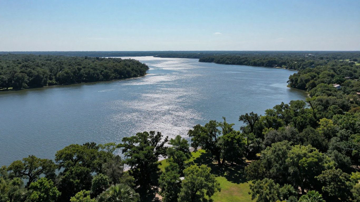 Texas waterfront property with trees and lake.