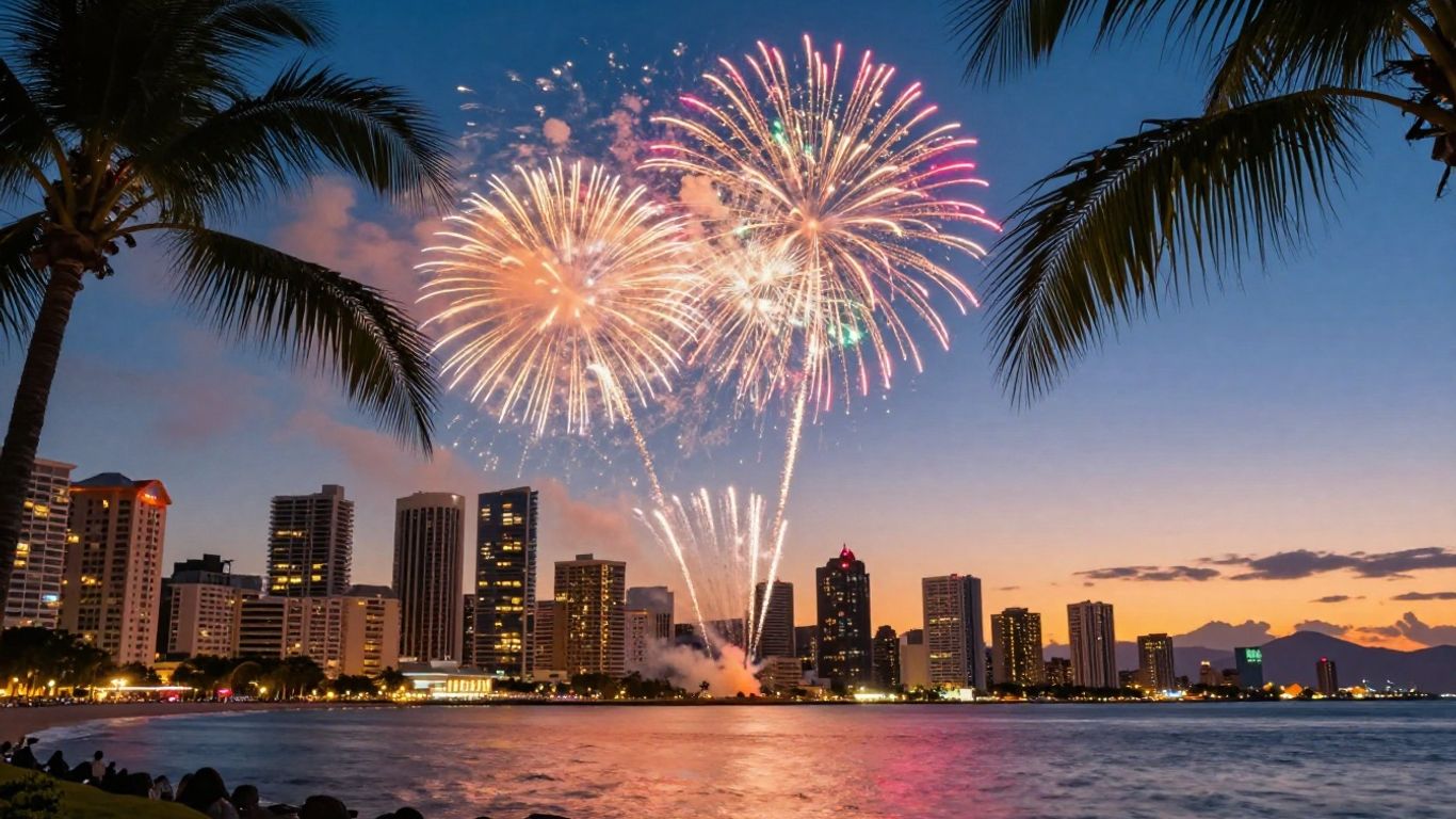 Gold Coast skyline with fireworks and palm trees.