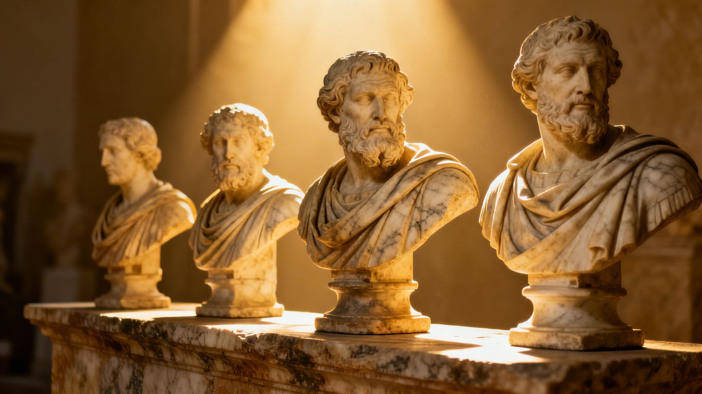 Busts of famous philosophers in thoughtful poses.