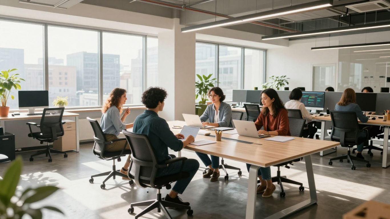 Dentsu team collaborating in a modern, sunlit office.